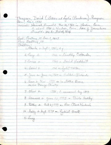 THOMPSON, David (b. 1731 Conn. d. 1807 Poultney) 1 GRISWOLD CRITTENDEN HURLBURT NORTON RICHARDS BRACE ASHLEY KENDRICK BUELL